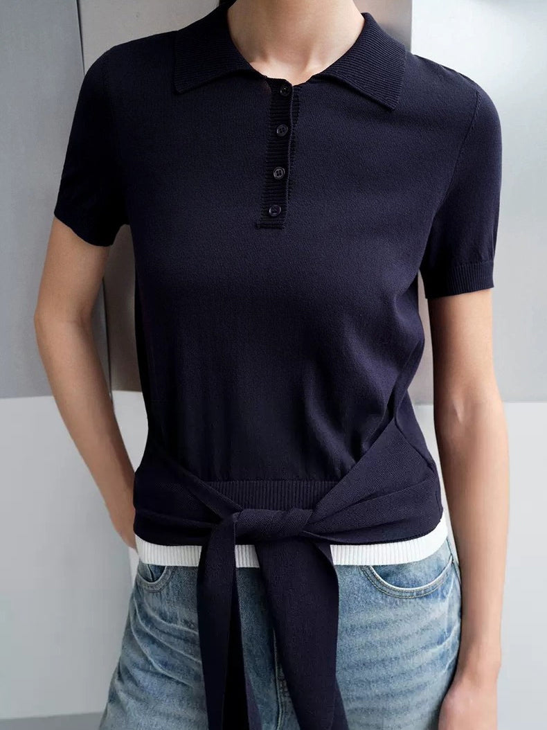 フロントリボン半袖ポローニット　2色入