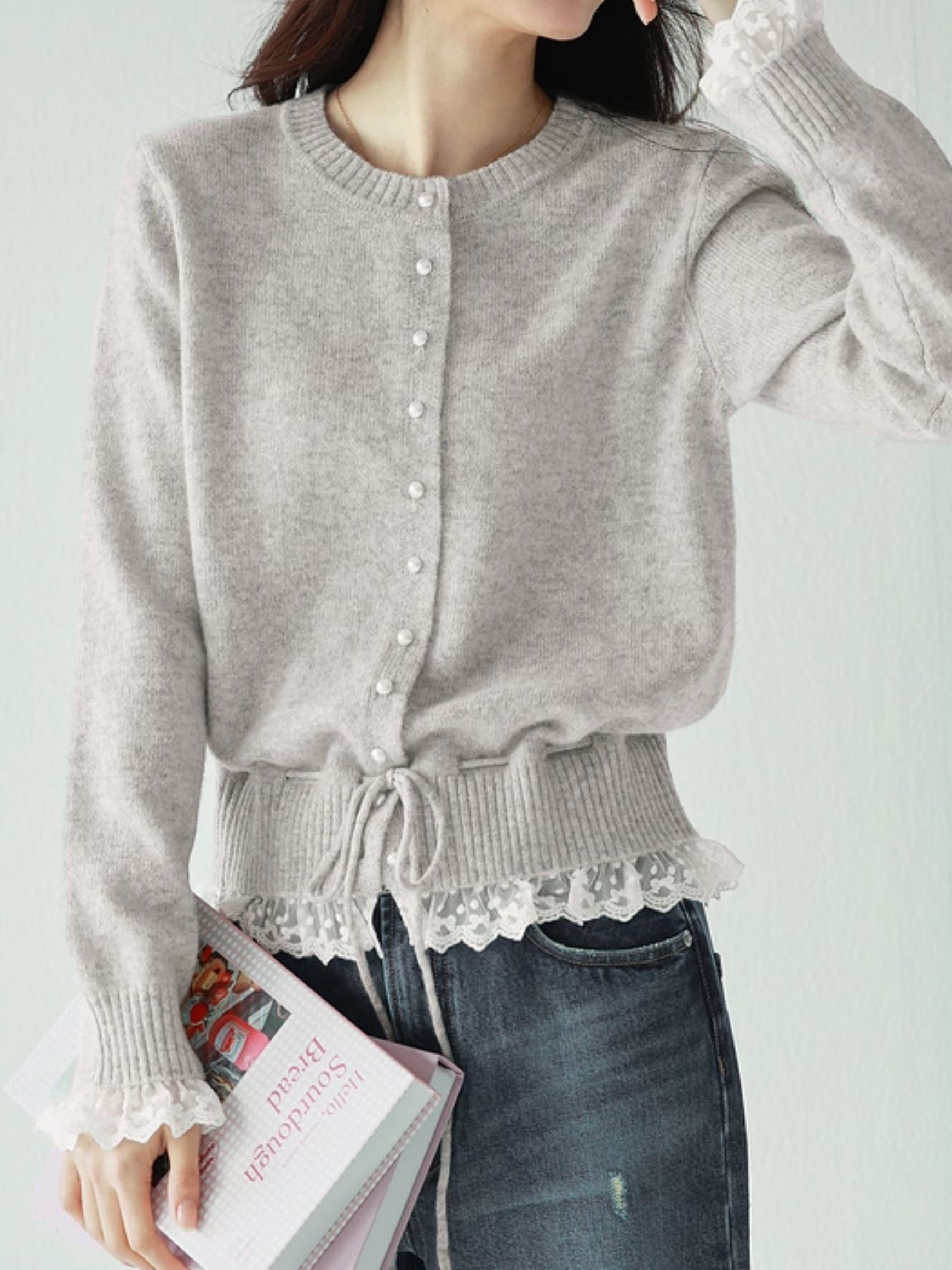 Lace docking drawstring cardigan (2 colors)