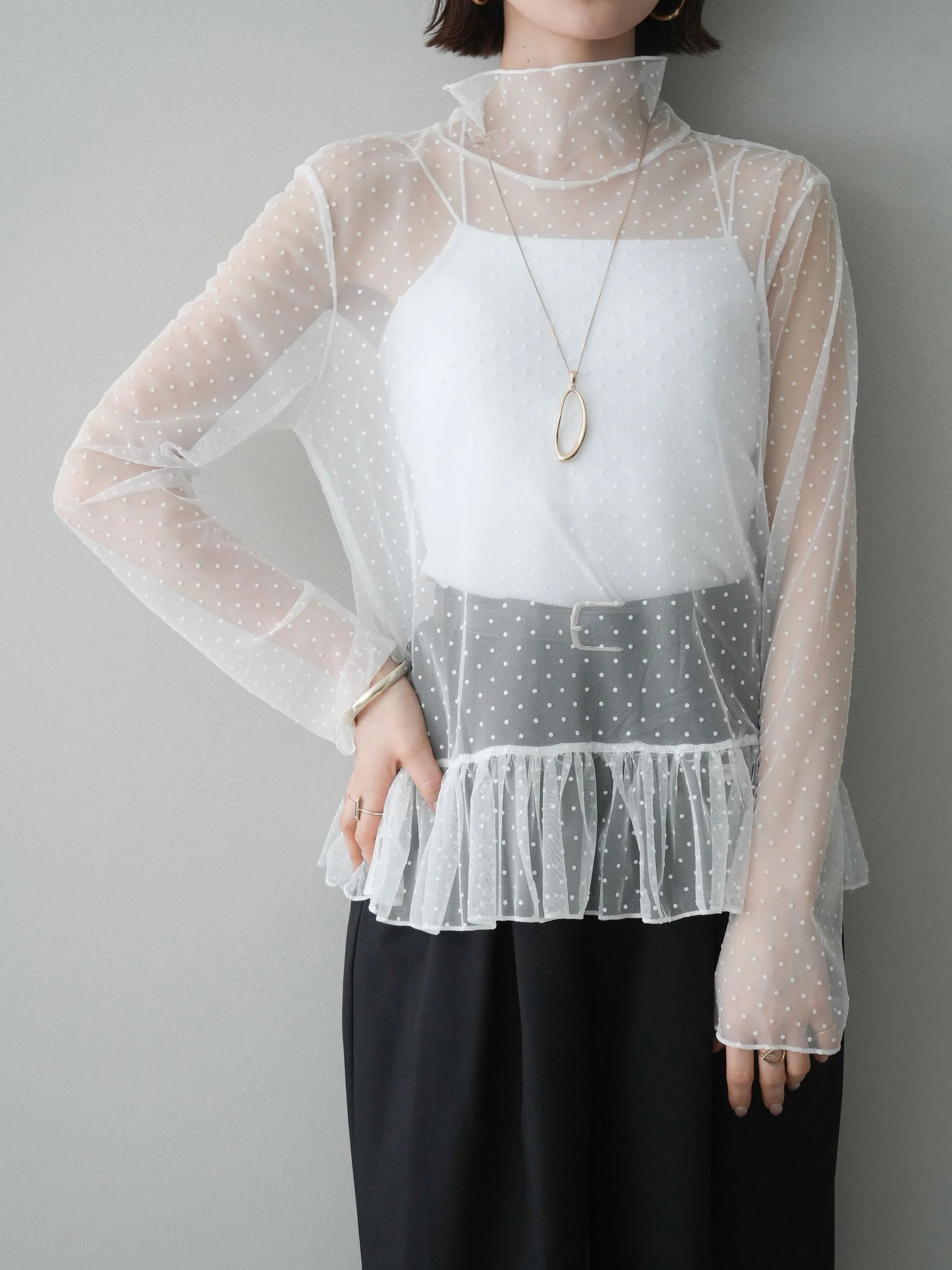 ハイネックシアードットチュールトップス　3色入 - SonderSable