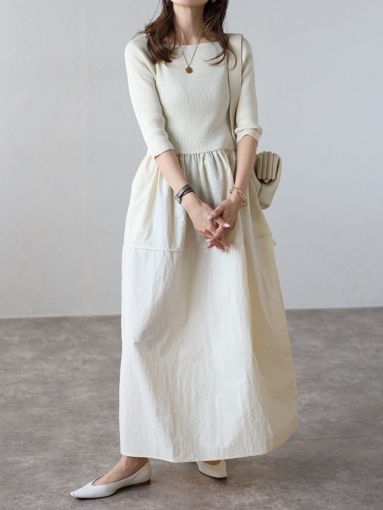 Square neck knit combination cocoon dress in 3 colors