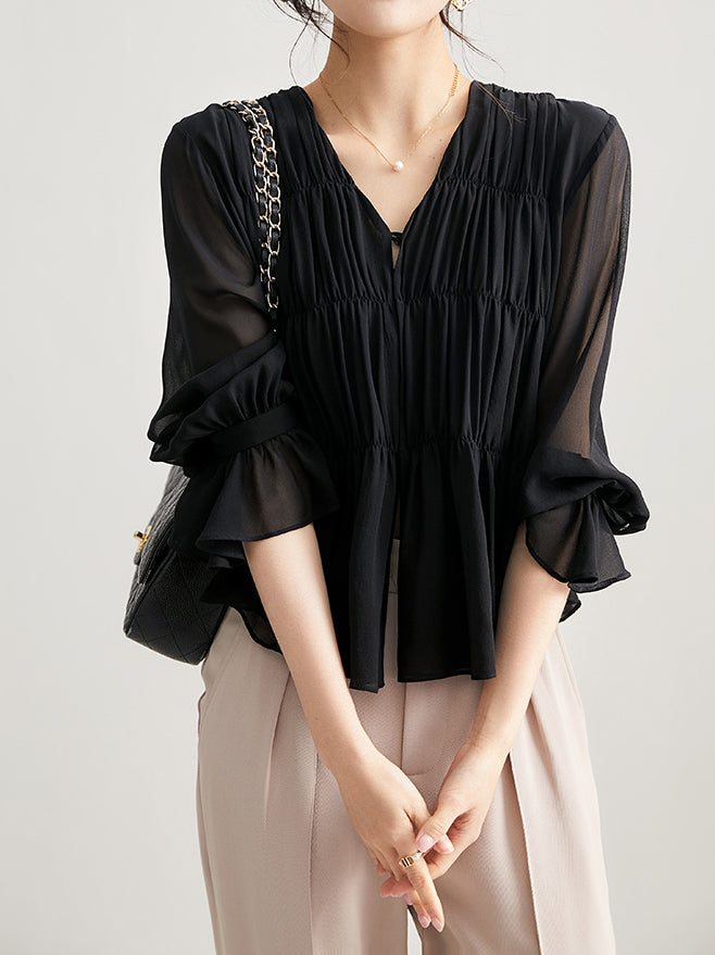 V-neck shirred blouse in 3 colors