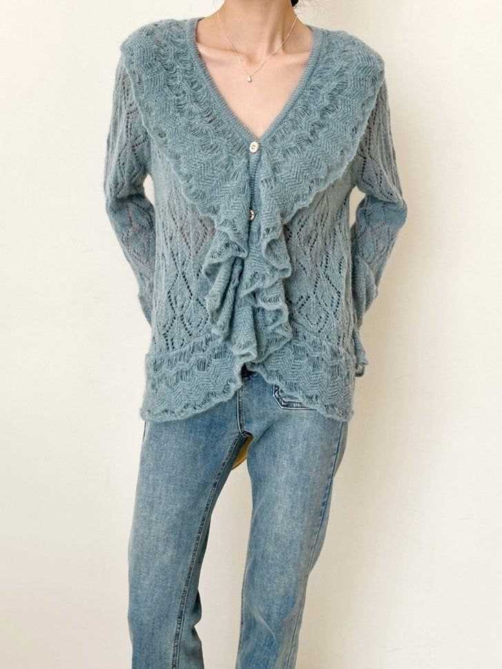 <先行公開>Vネックフリルデザインメッシュニット　2色入 - SonderSable