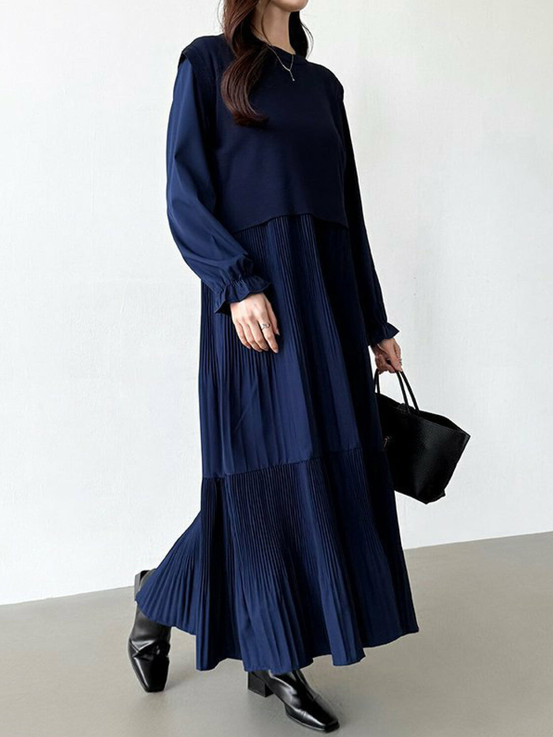 Back Ribbon Knit Vest + Pleated Dress Set (5 Colors)