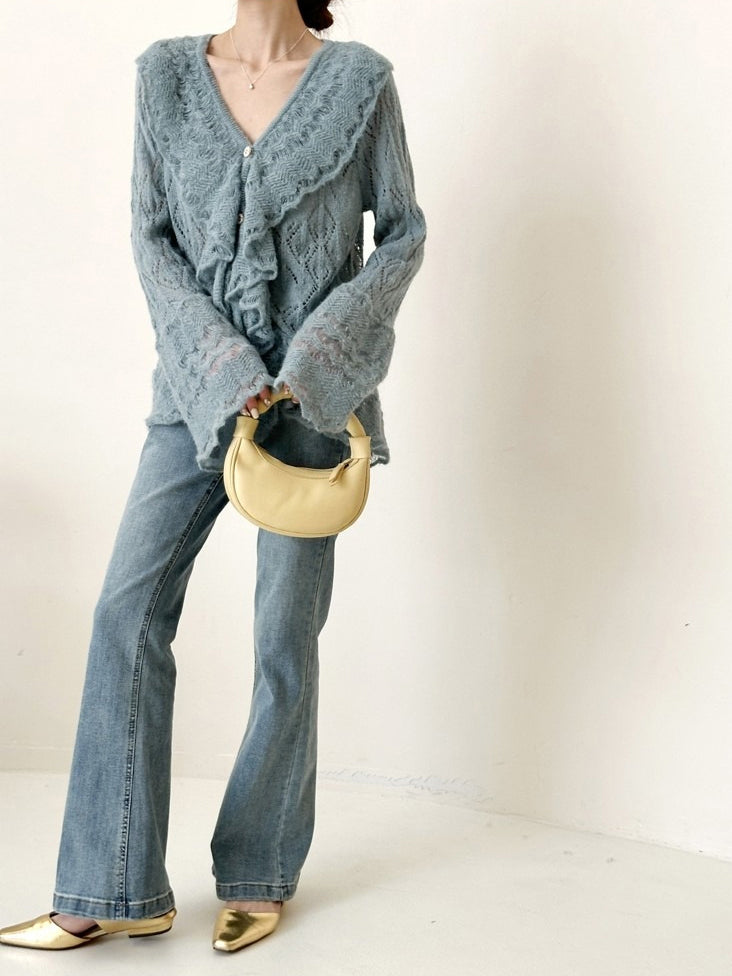 <先行公開>Vネックフリルデザインメッシュニット　2色入 - SonderSable