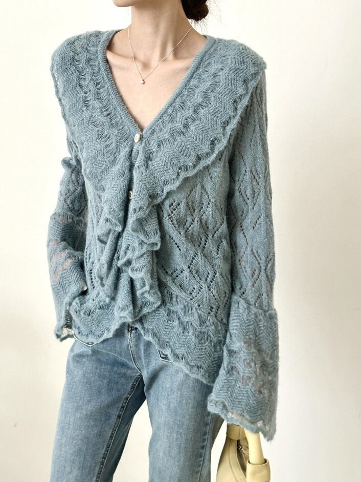 <先行公開>Vネックフリルデザインメッシュニット　2色入 - SonderSable