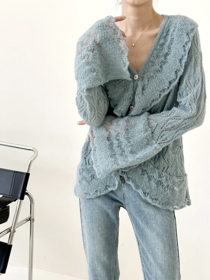 <先行公開>Vネックフリルデザインメッシュニット　2色入 - SonderSable