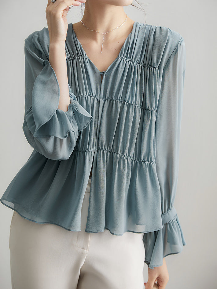 V-neck shirred blouse in 3 colors