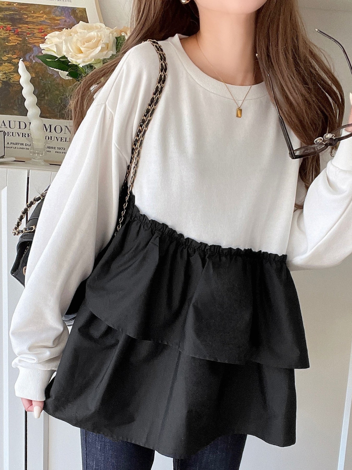 Asymmetrical mixed-material tiered ruffle sweatshirt (2 colors)