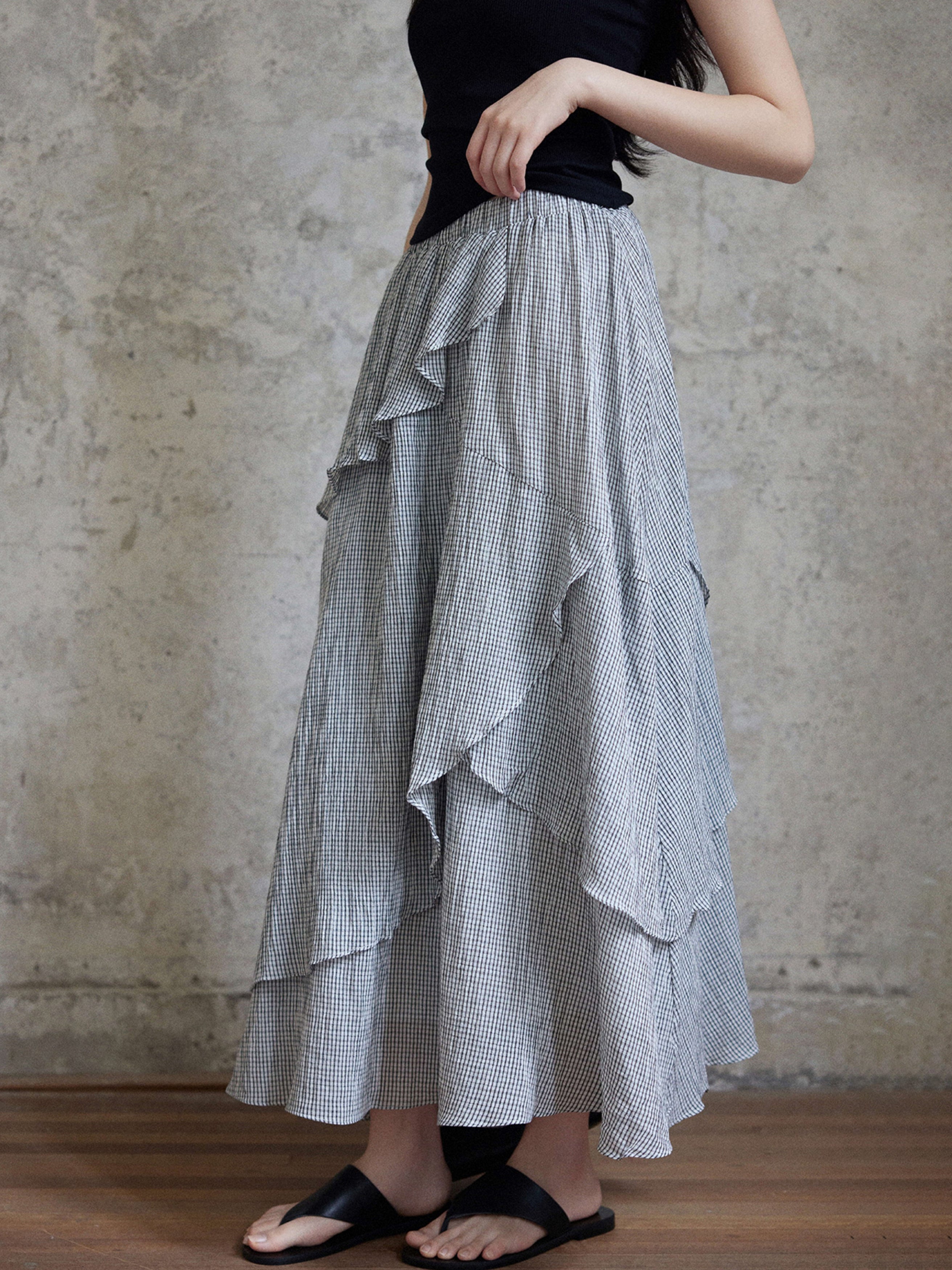 Flared wrap check tiered skirt in 2 colors (can be worn as a set)