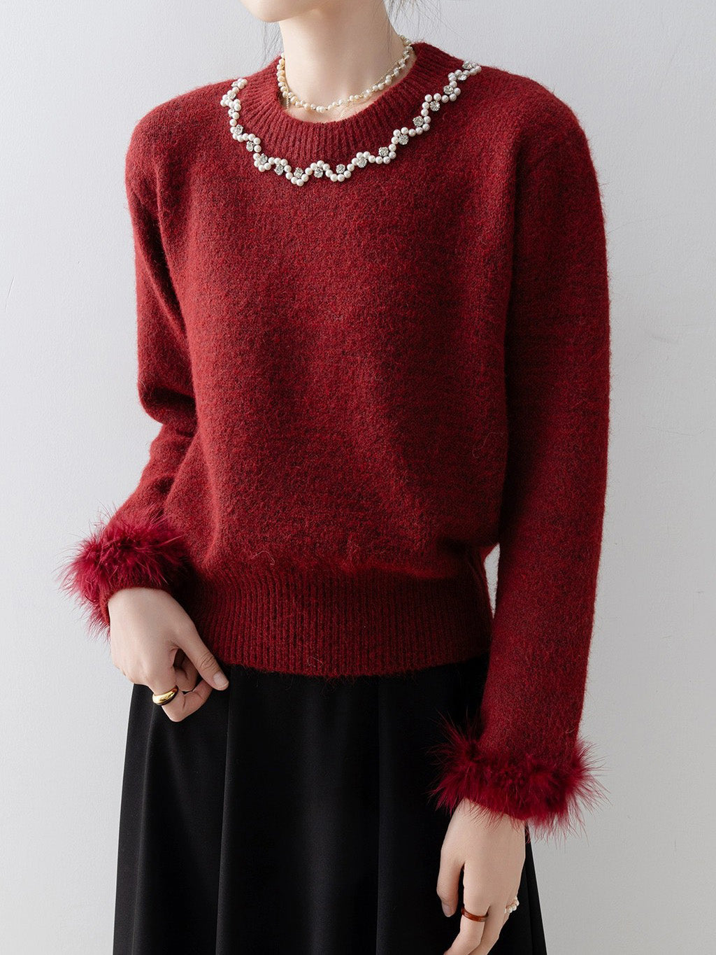 Fur Cuff Pearl Knit Top (3 Colors)