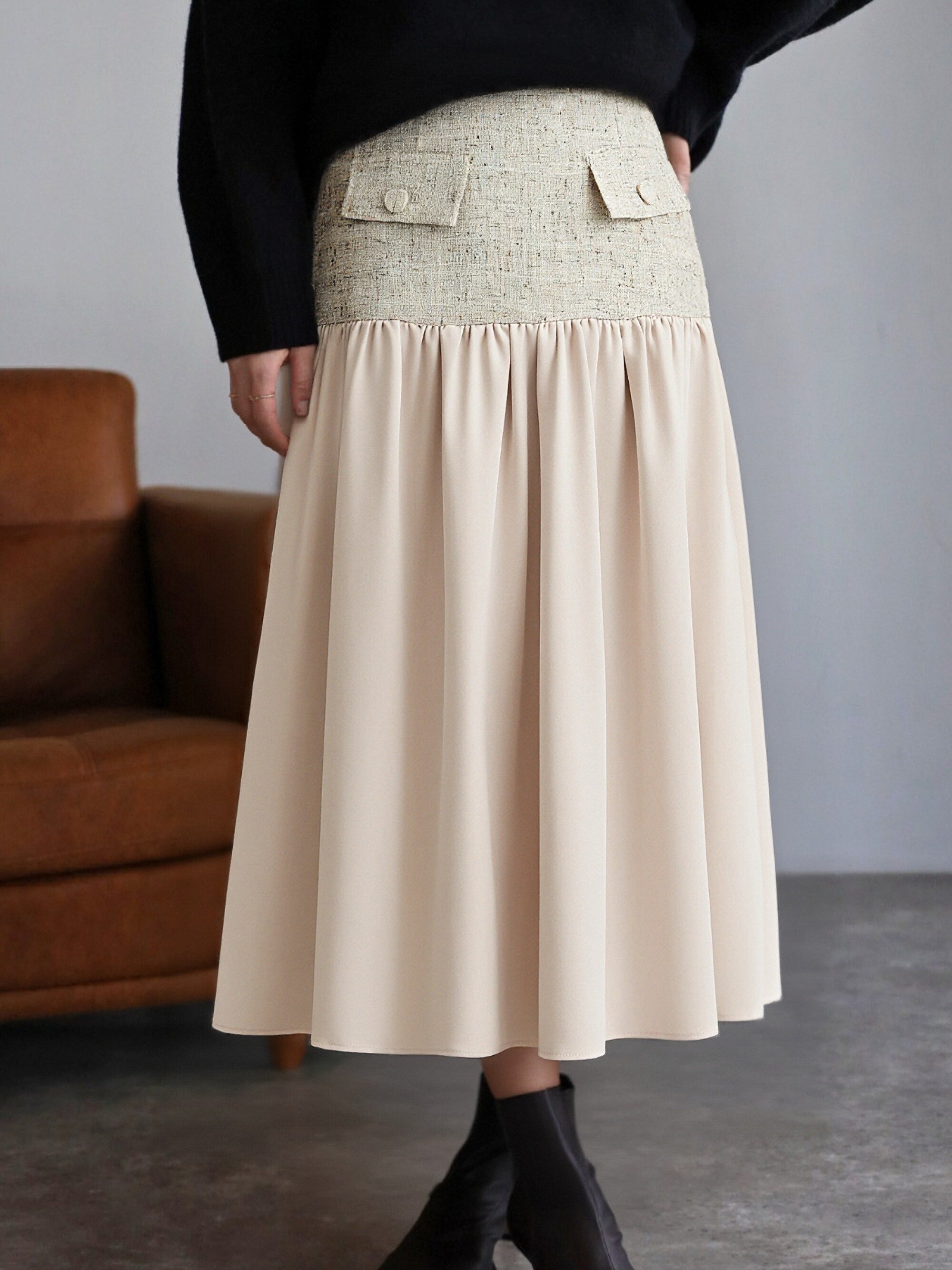 Mixed Material Tiered Gathered Long Skirt (3 Colors)