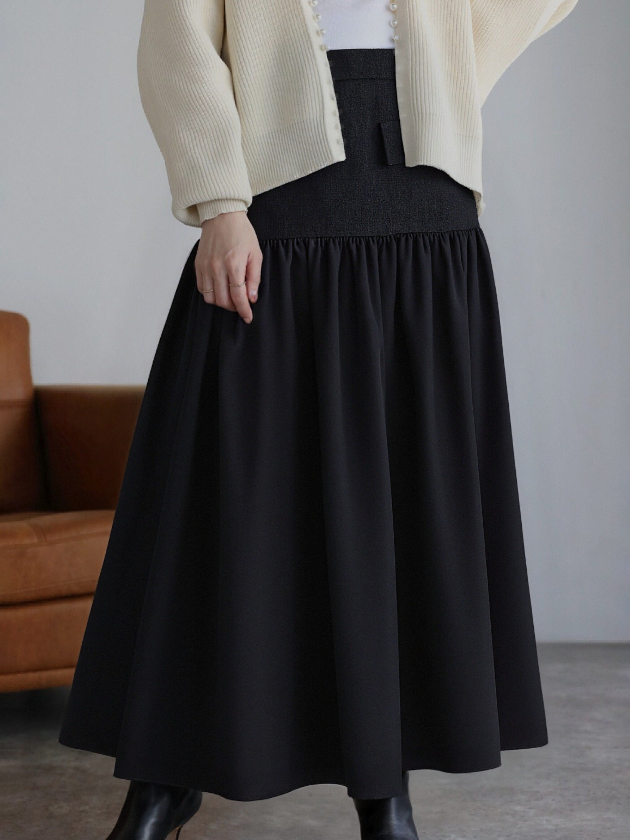 Mixed Material Tiered Gathered Long Skirt (3 Colors)