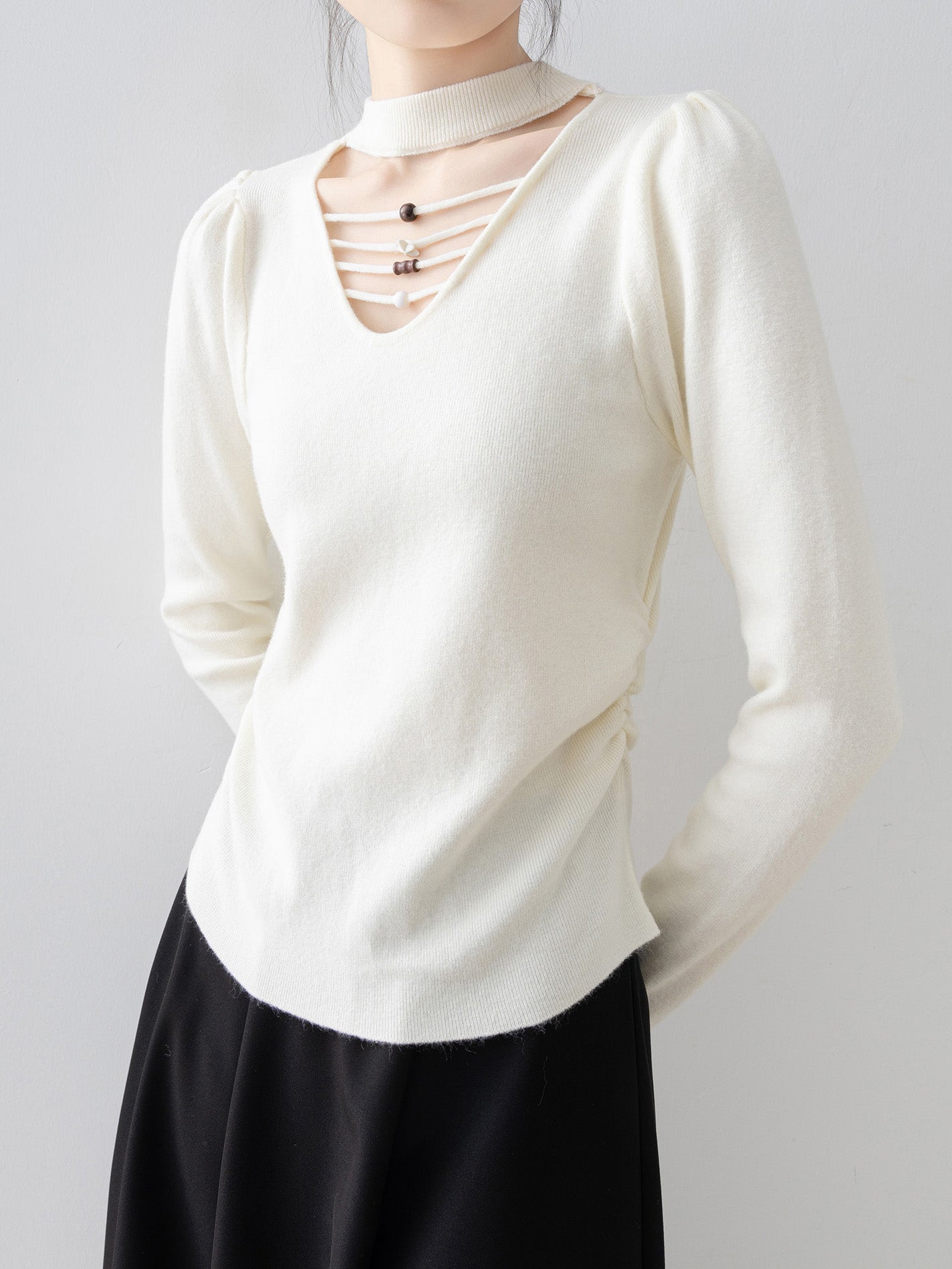 High-neck beaded strap design knitwear (4 colors)