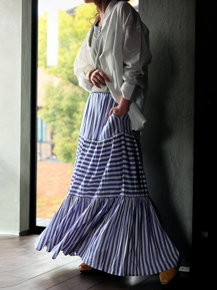 Striped tiered long skirt in 2 colors
