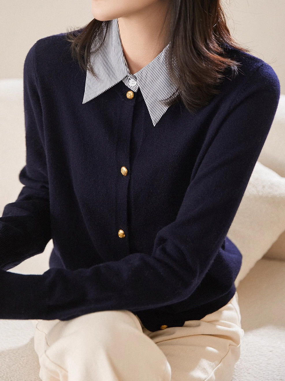 Striped shirt collar docking cardigan, 3 colors
