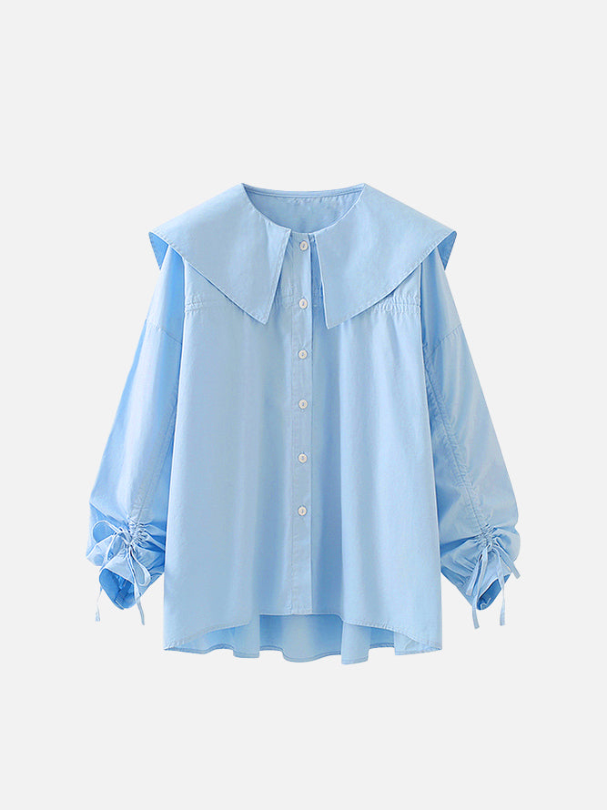 Big collar shirred sleeve blouse in 3 colors