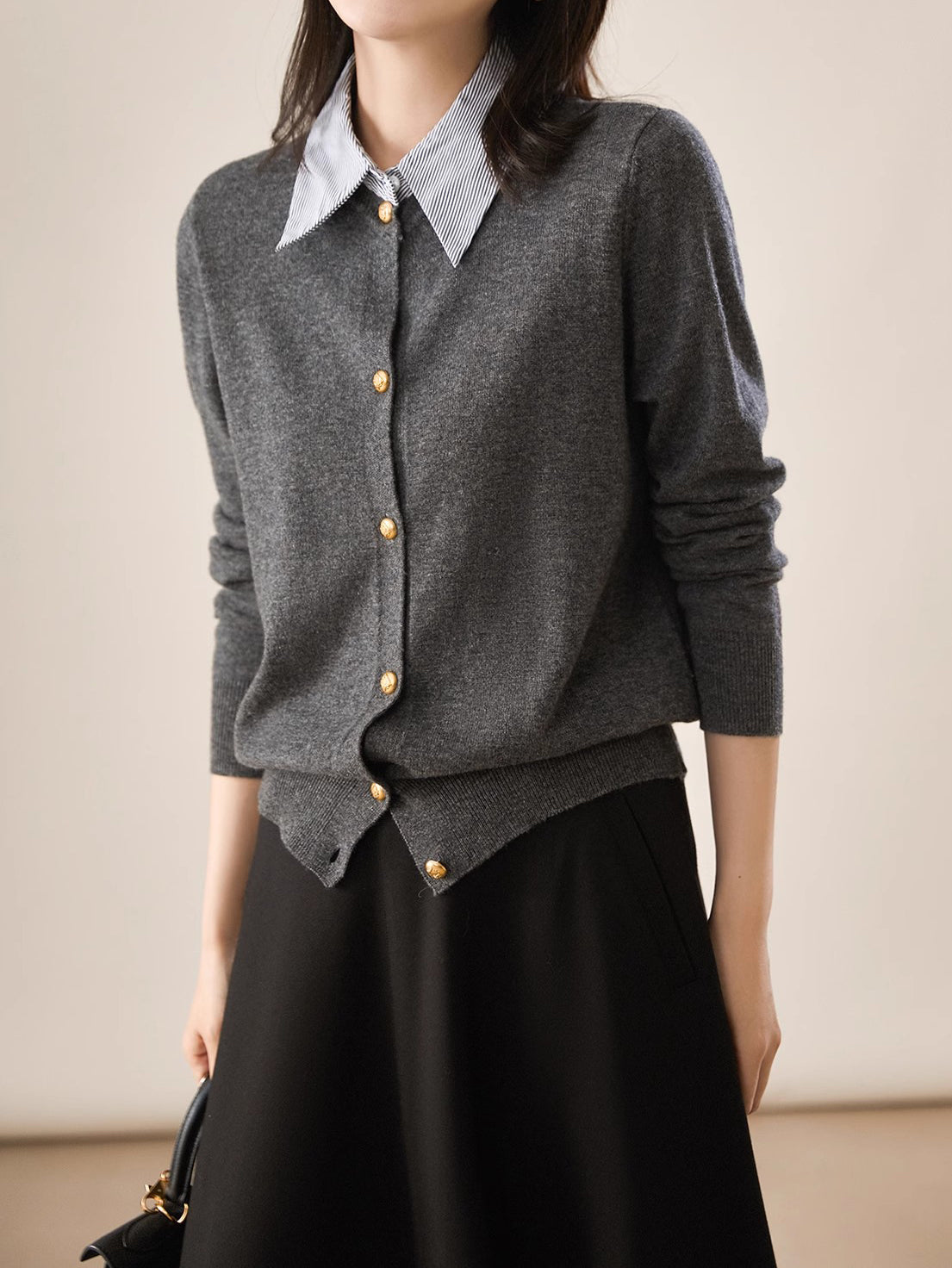 Striped shirt collar docking cardigan, 3 colors