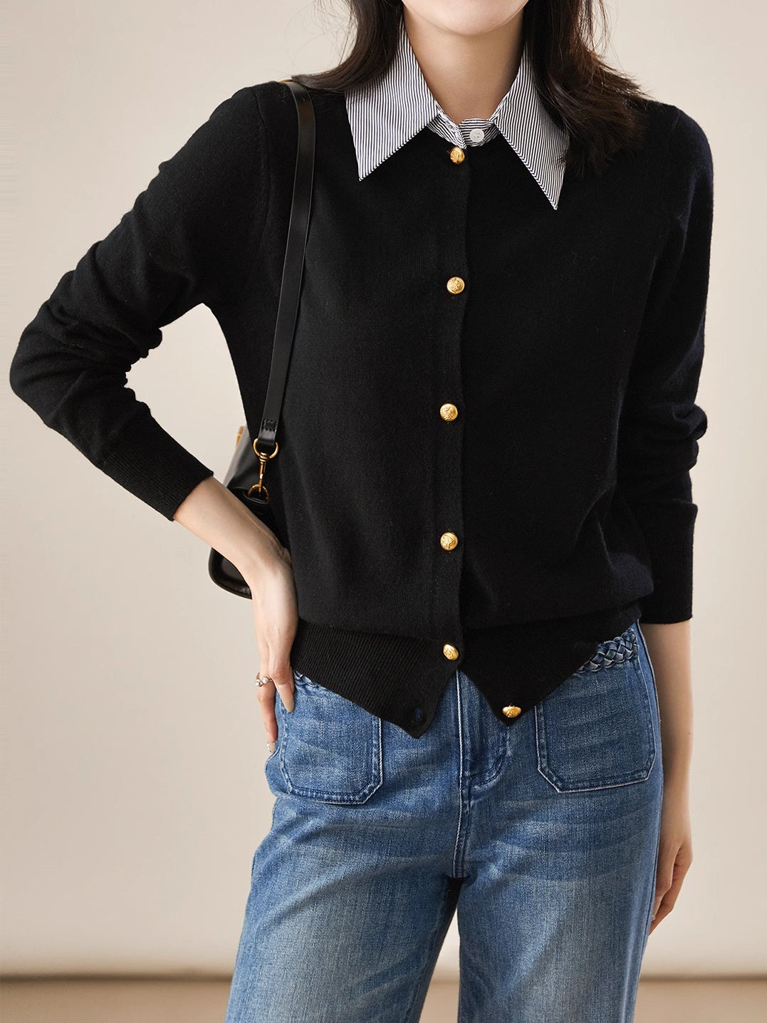 Striped shirt collar docking cardigan, 3 colors