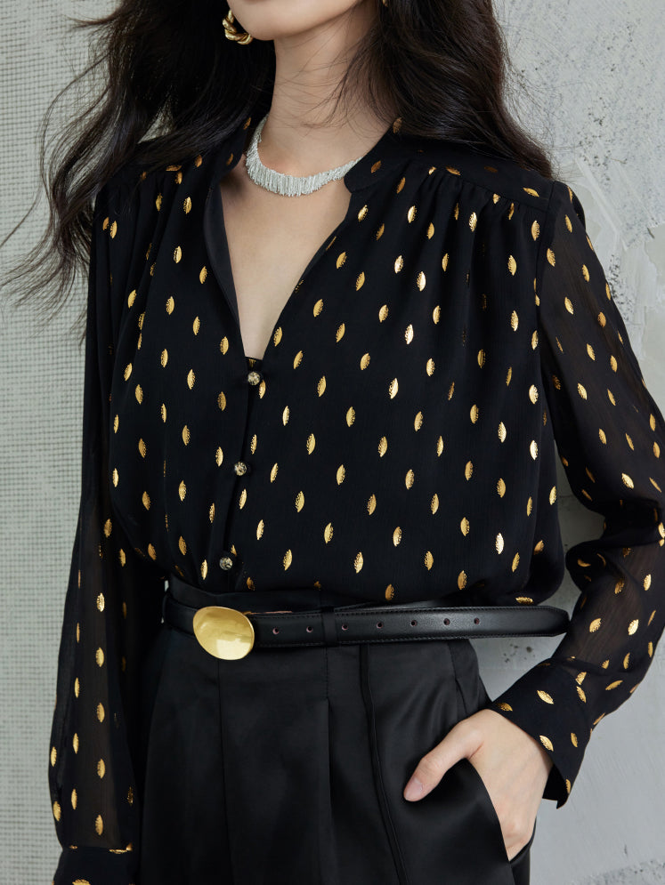 Skipper collar gold print voluminous blouse in 2 colors