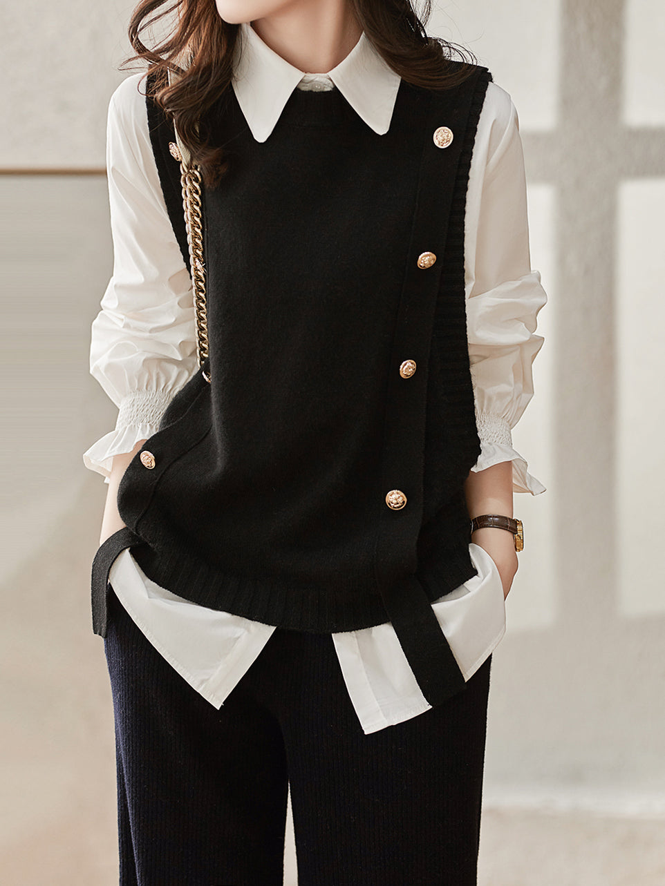 Metal Button Knit Vest + Candy Sleeve Shirt (3 Colors Available)