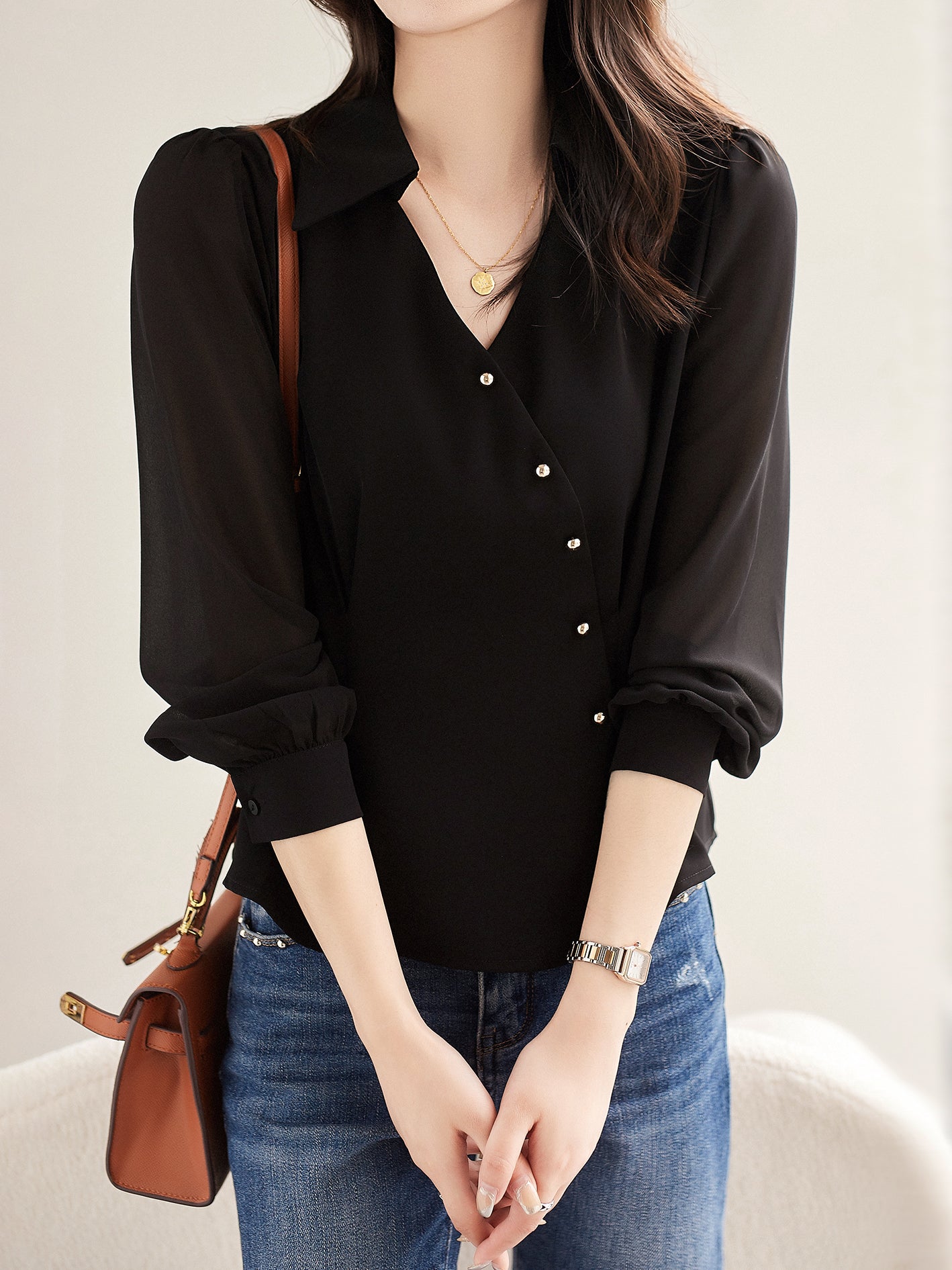 Diagonal Button Skipper Collar Blouse (2 Colors)