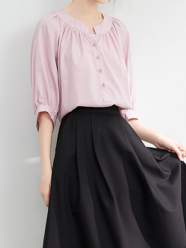 Band collar puff sleeve smock blouse (2 colors)