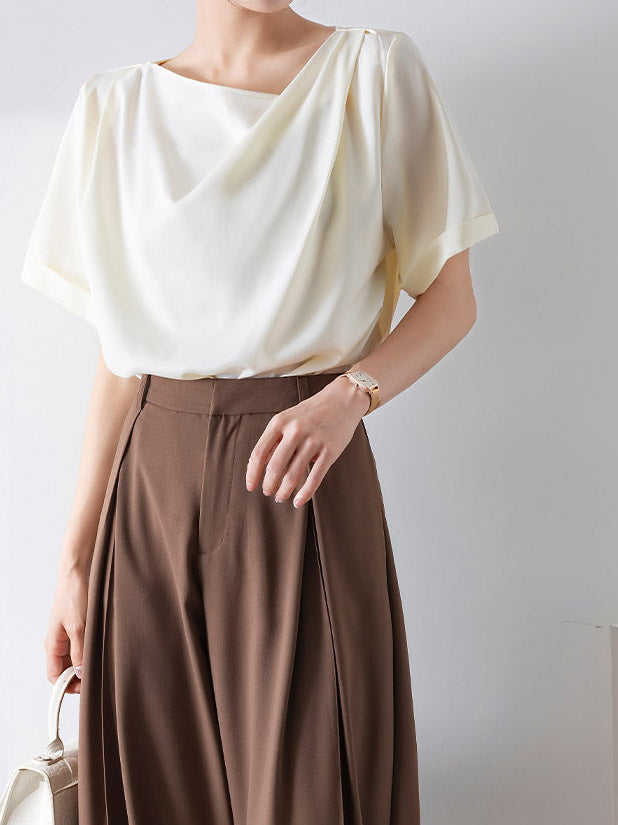 Draped neck satin T-shirt in 3 colors