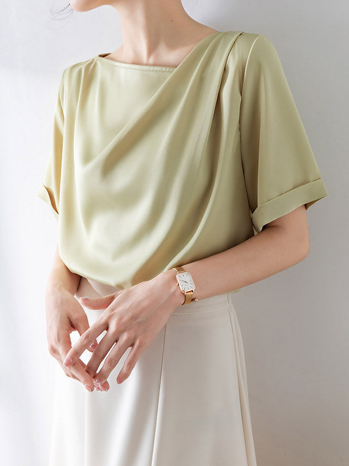 Draped neck satin T-shirt in 3 colors