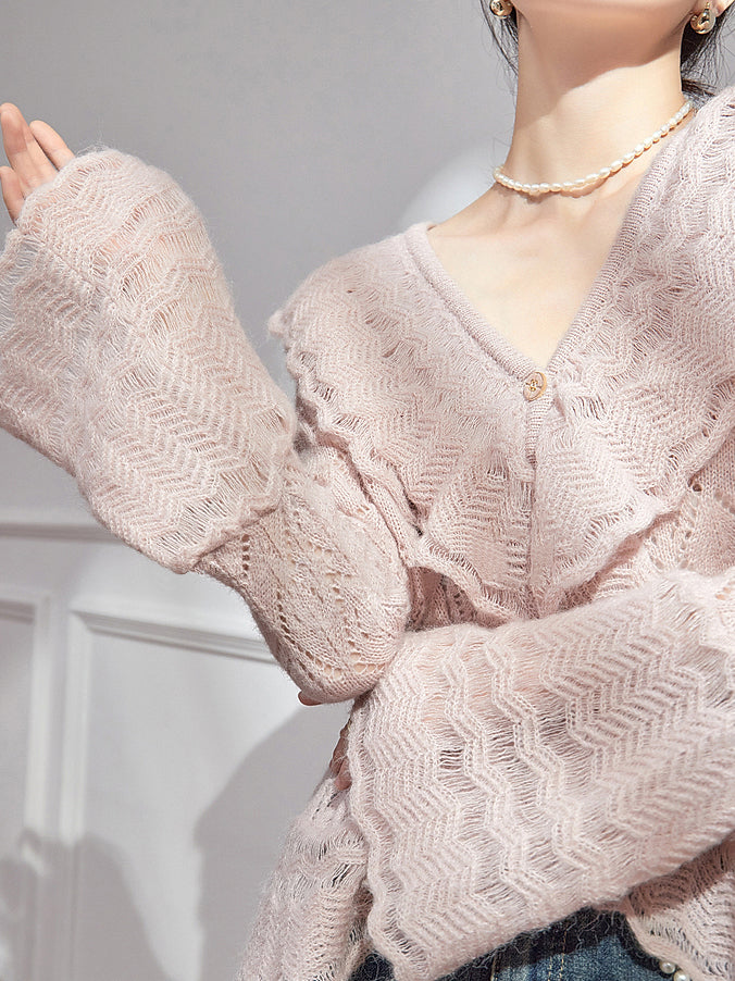 <先行公開>Vネックフリルデザインメッシュニット　2色入 - SonderSable