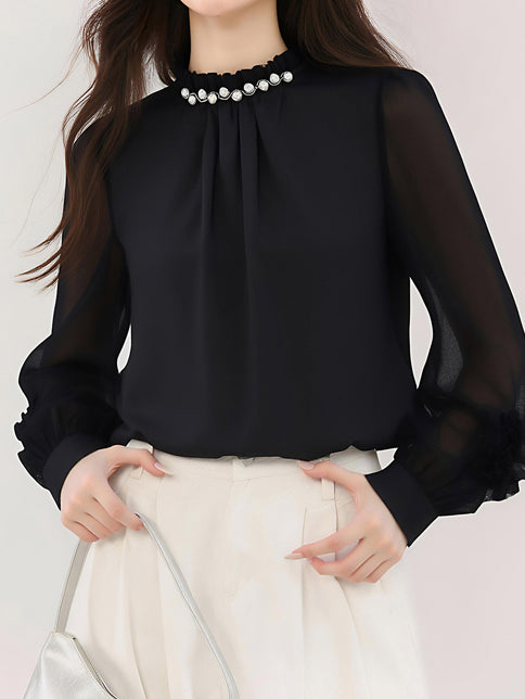 Mixed-material flower design sleeve pearl neck blouse in 2 colors