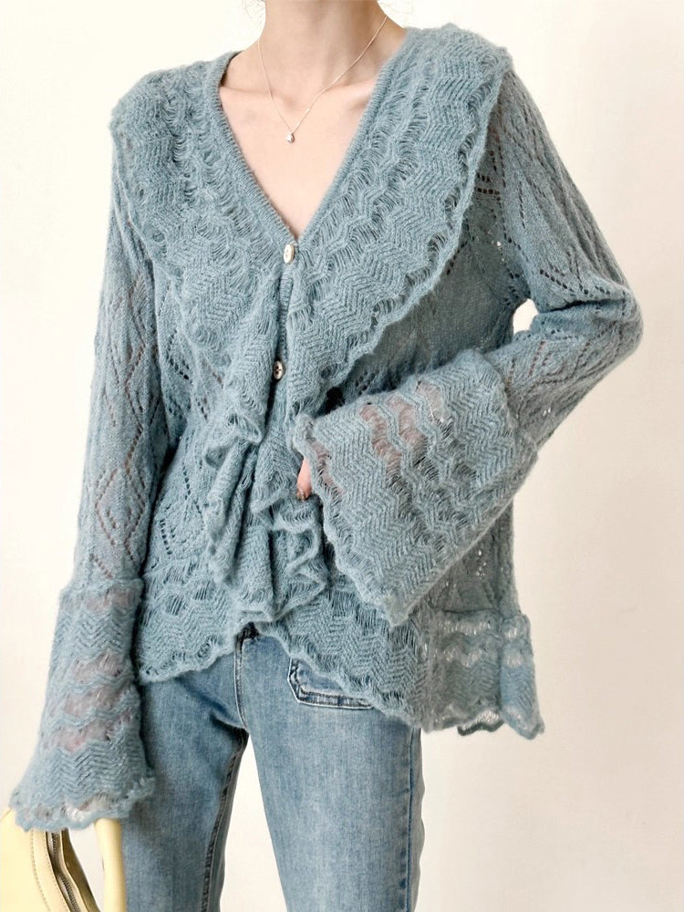 <先行公開>Vネックフリルデザインメッシュニット　2色入 - SonderSable