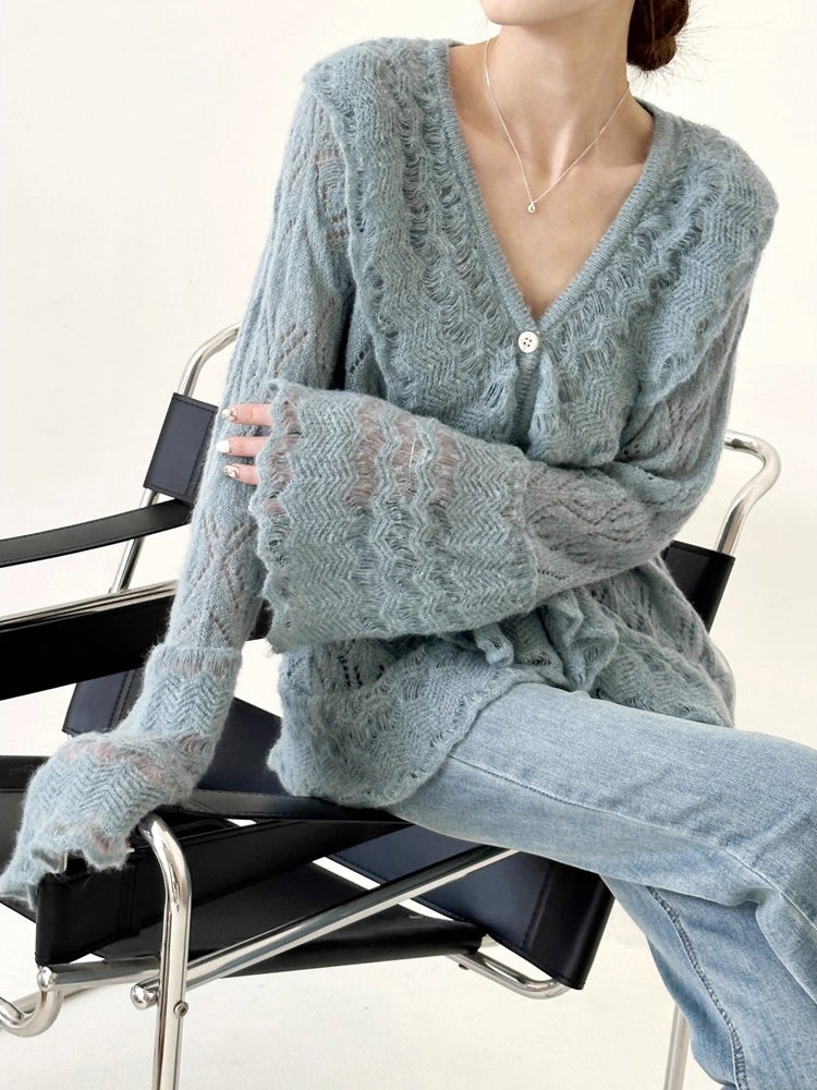 <先行公開>Vネックフリルデザインメッシュニット　2色入 - SonderSable