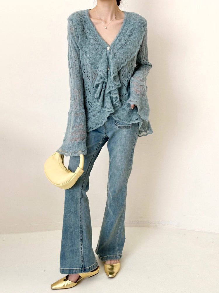 <先行公開>Vネックフリルデザインメッシュニット　2色入 - SonderSable