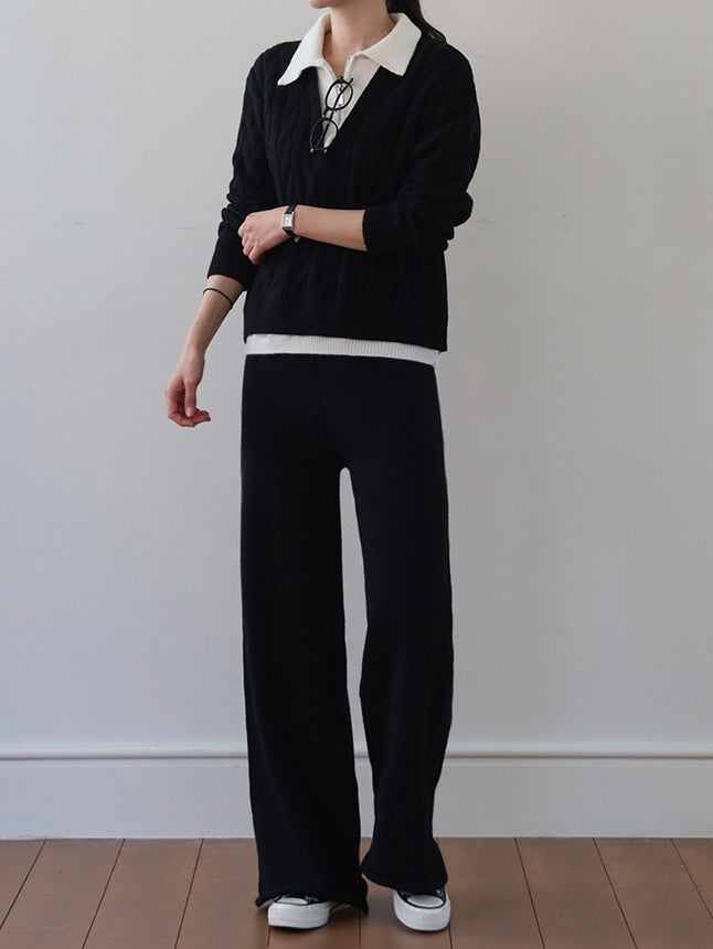 Half Zip Layered Knit + Wide Knit Pants Set (2 Colors)