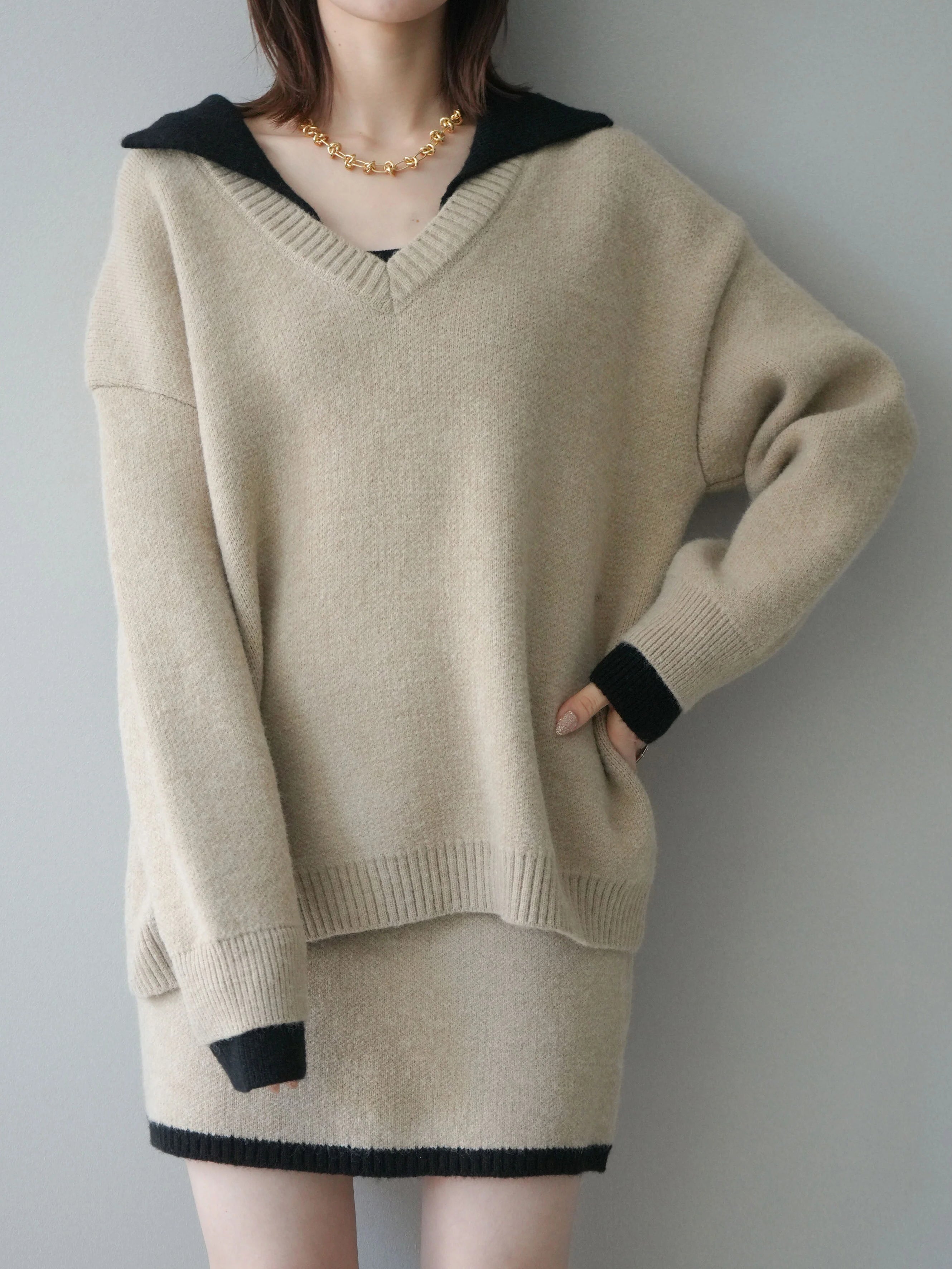 配色襟ニット＆ミニスカートSET　3色入