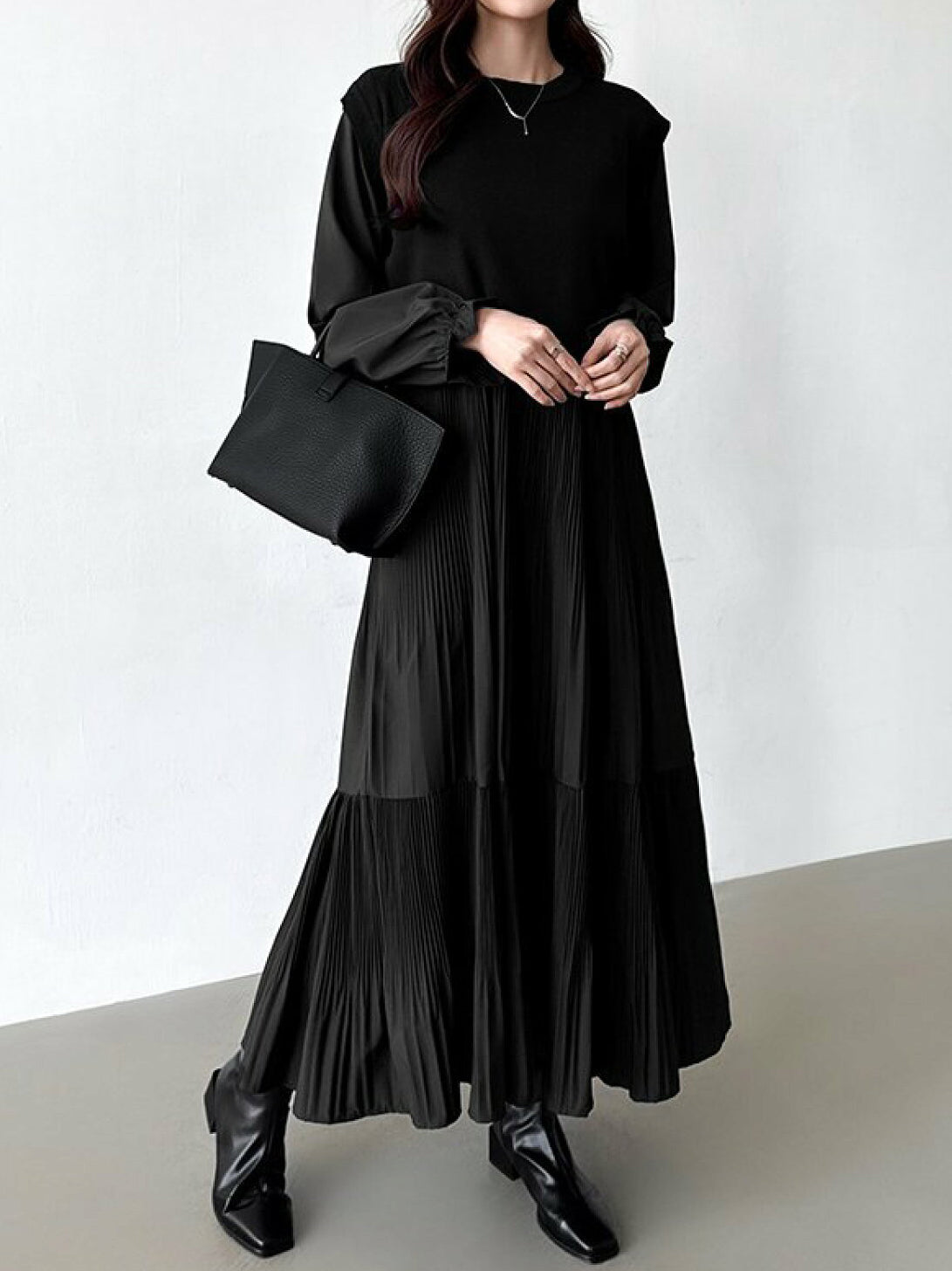 Back Ribbon Knit Vest + Pleated Dress Set (5 Colors)