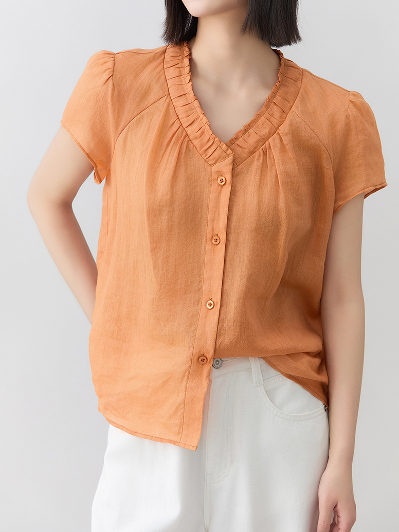 Gathered neck linen blouse in 2 colors