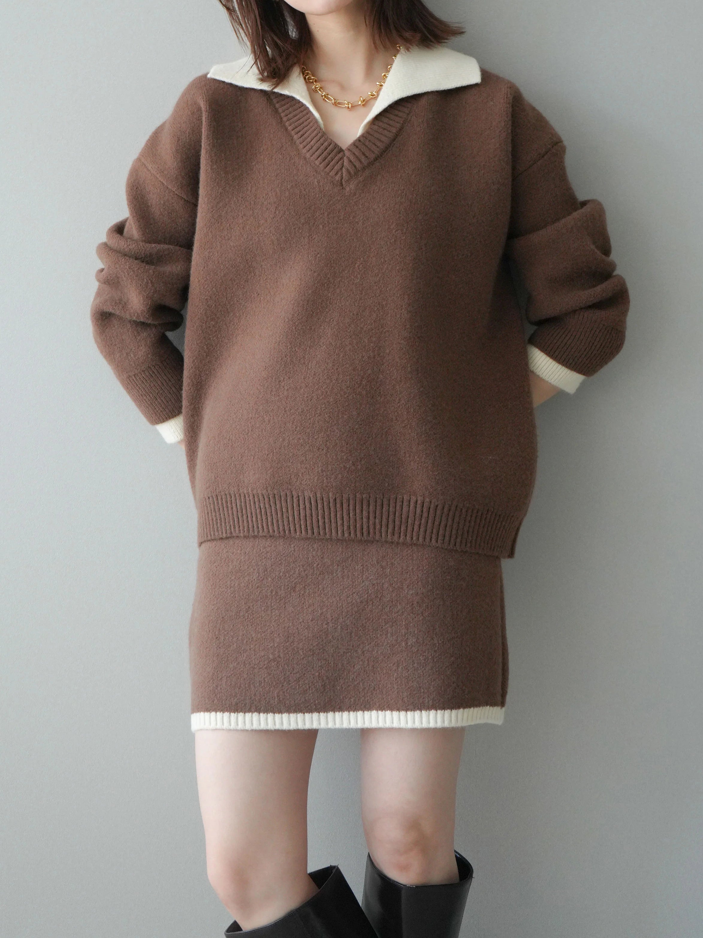 配色襟ニット＆ミニスカートSET　3色入