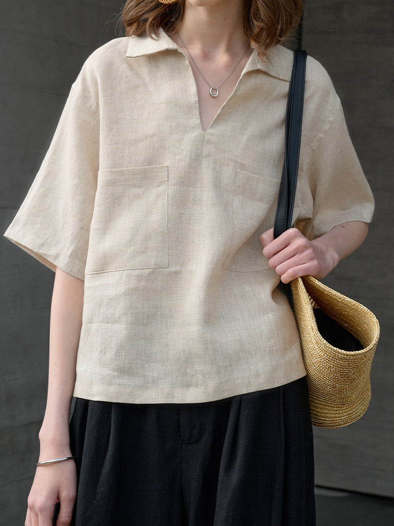 Keyhole neck pocket linen shirt (2 colors)
