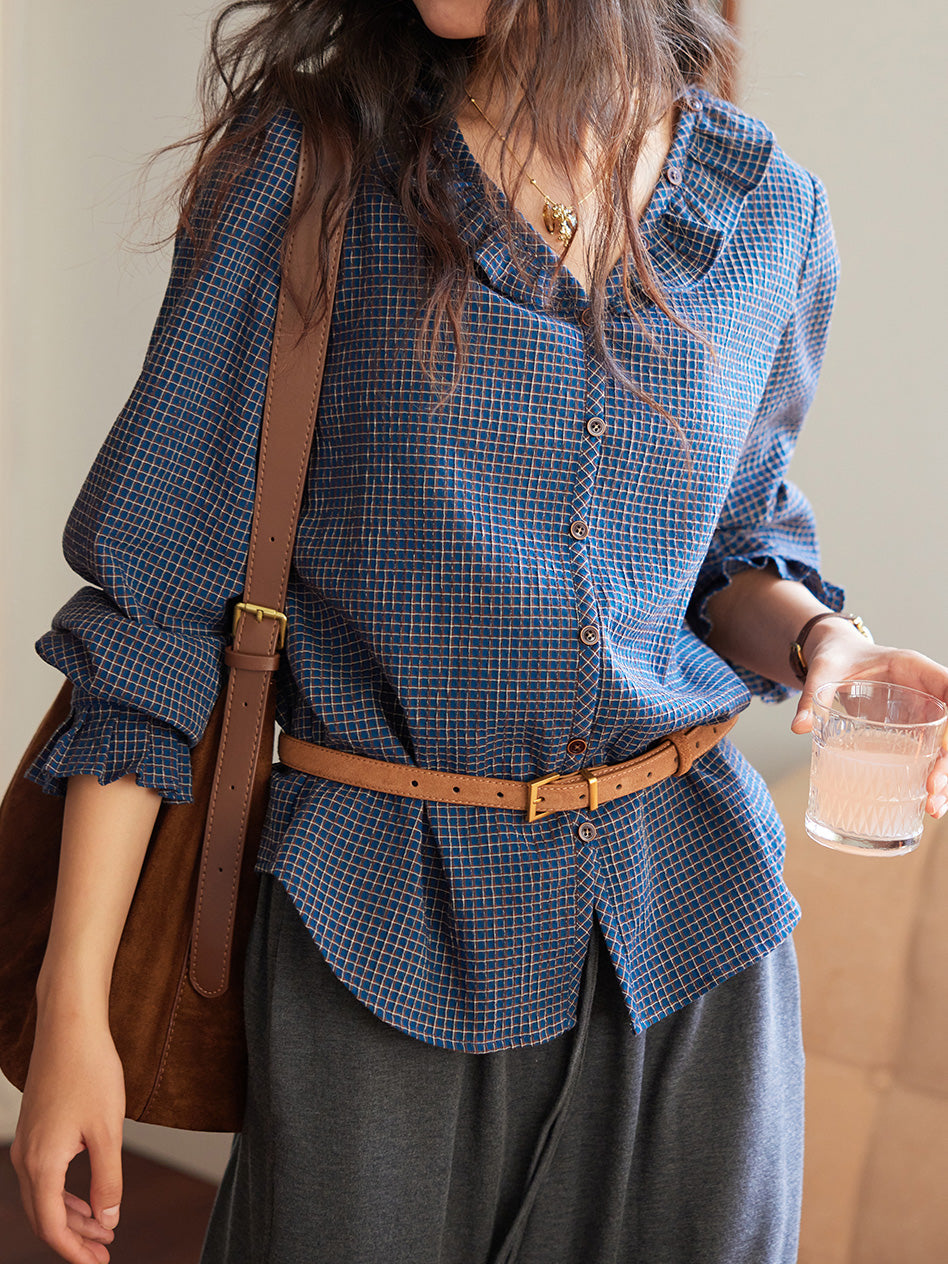 Frill neck check blouse (2 colors)
