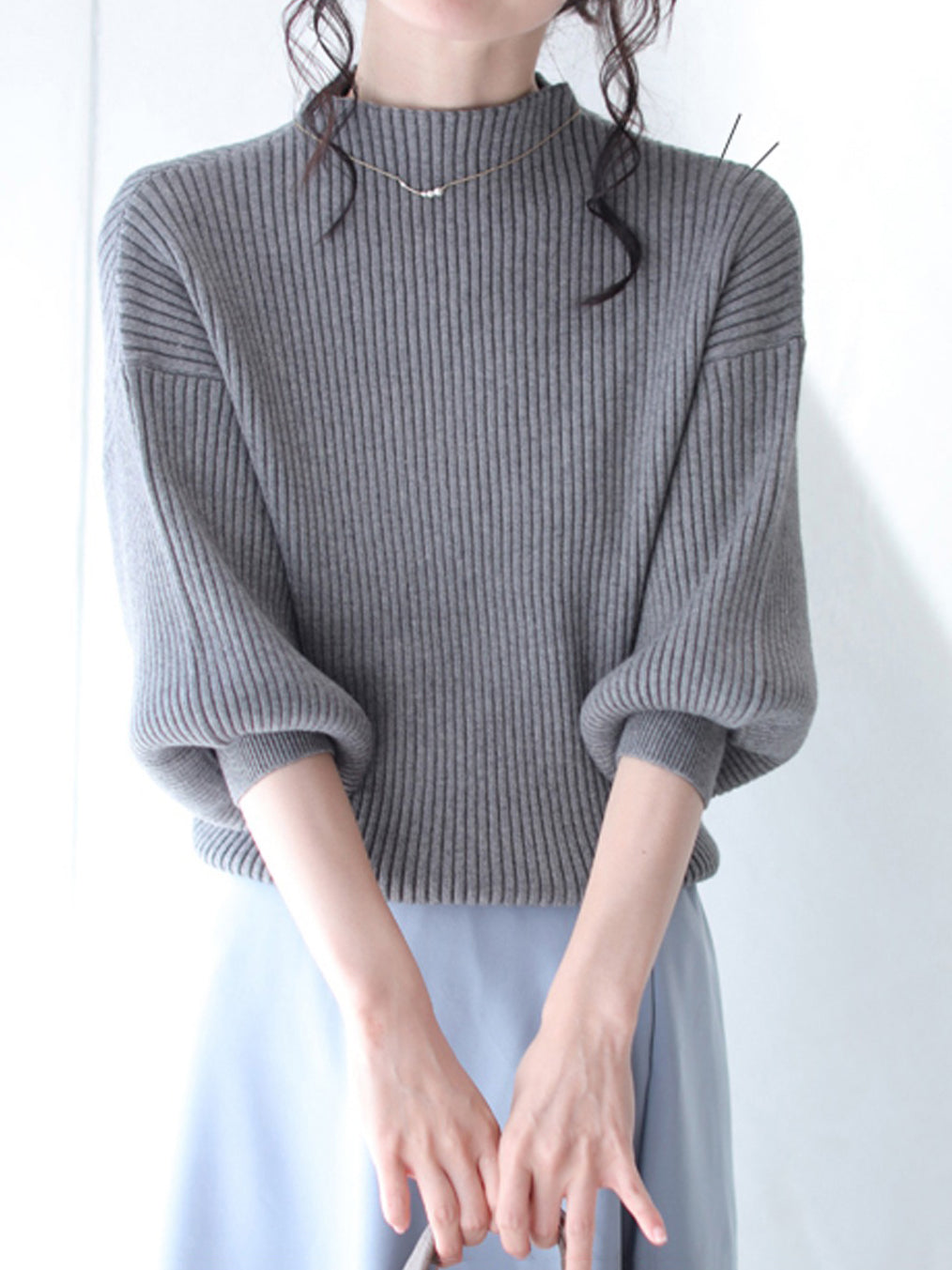 ボトルネックポワン袖リブニット　3色入