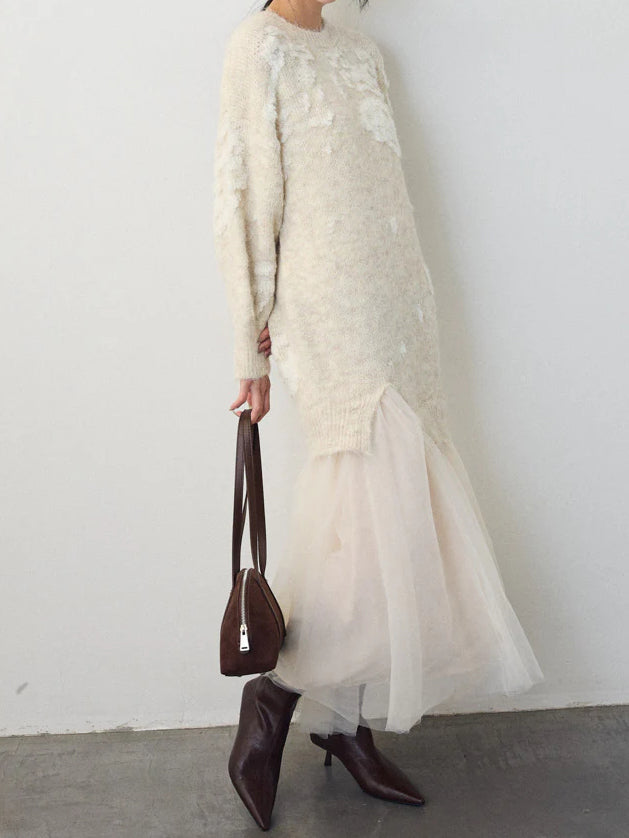 Motif Jacquard Knit Layered Tulle Dress (3 colors)