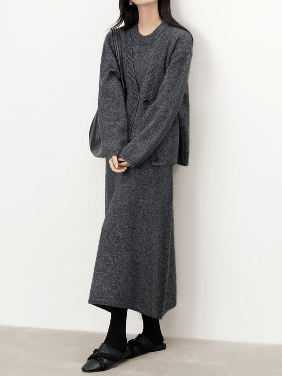 サイド革ストラップデザインカーディガン＋ロングニットタンクワンピースSET　4色入