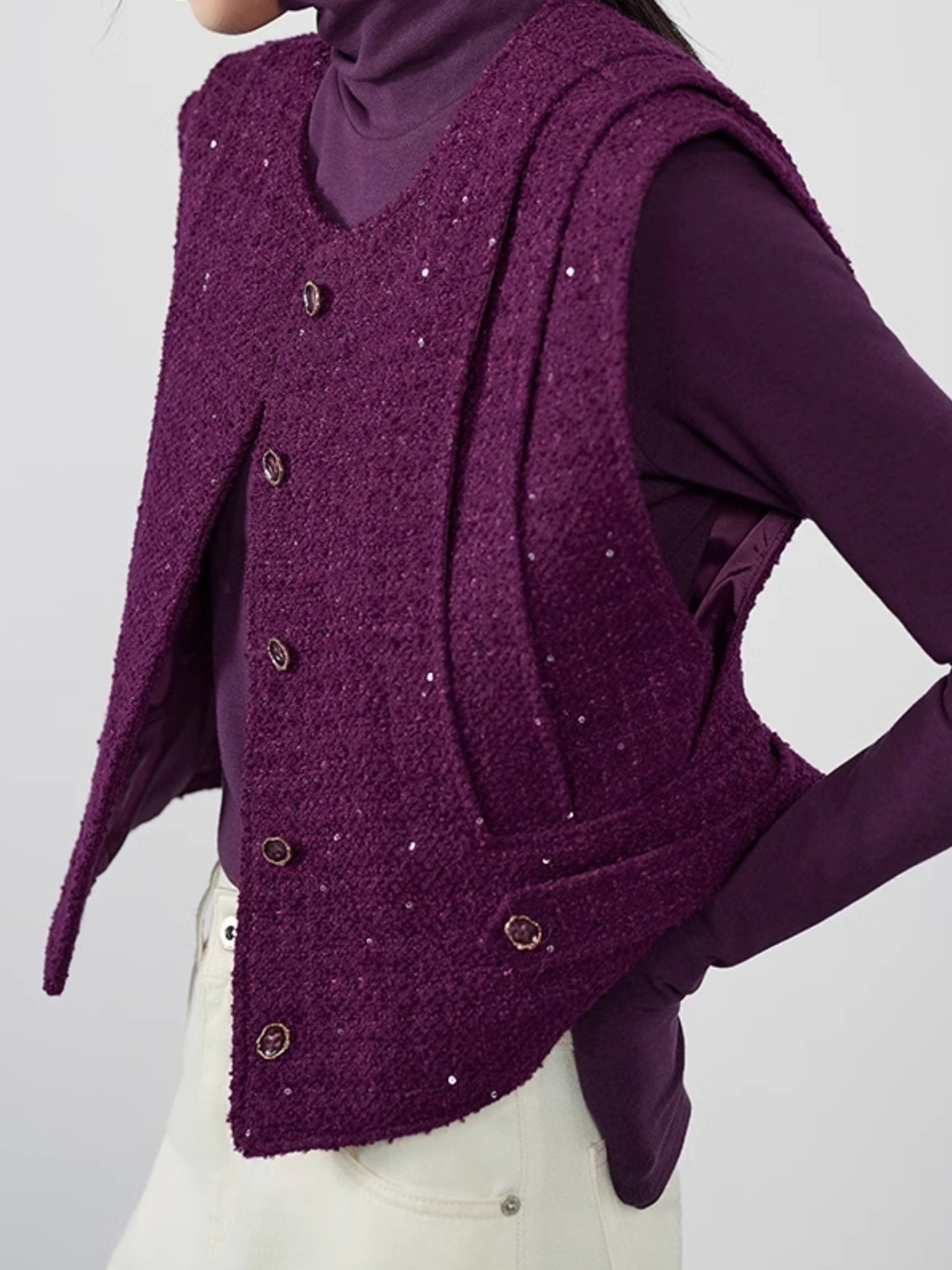 Tweed off-the-shoulder gilet in 2 colors