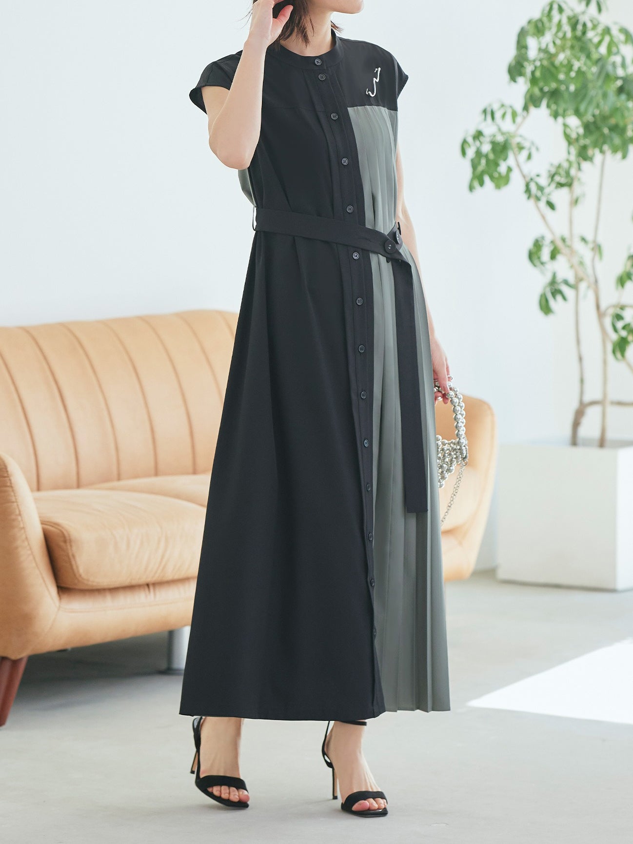 French Sleeve Pleated Panel Long Dress 5 Colors