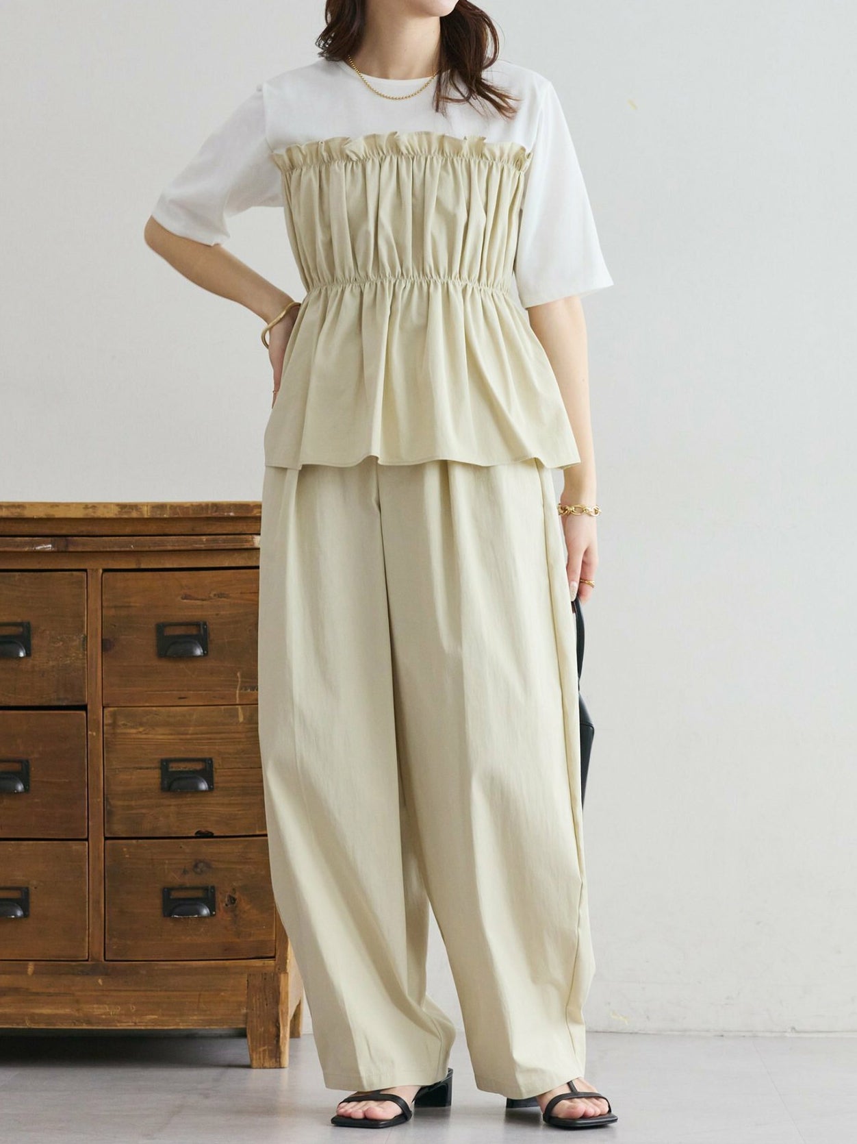 Shirred Docking T-Shirt + Wide Pants Set - 3 Colors