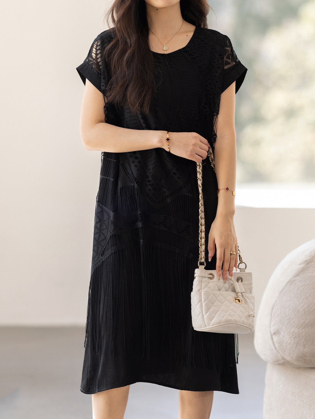 Cutwork lace fringe dress in 2 colors