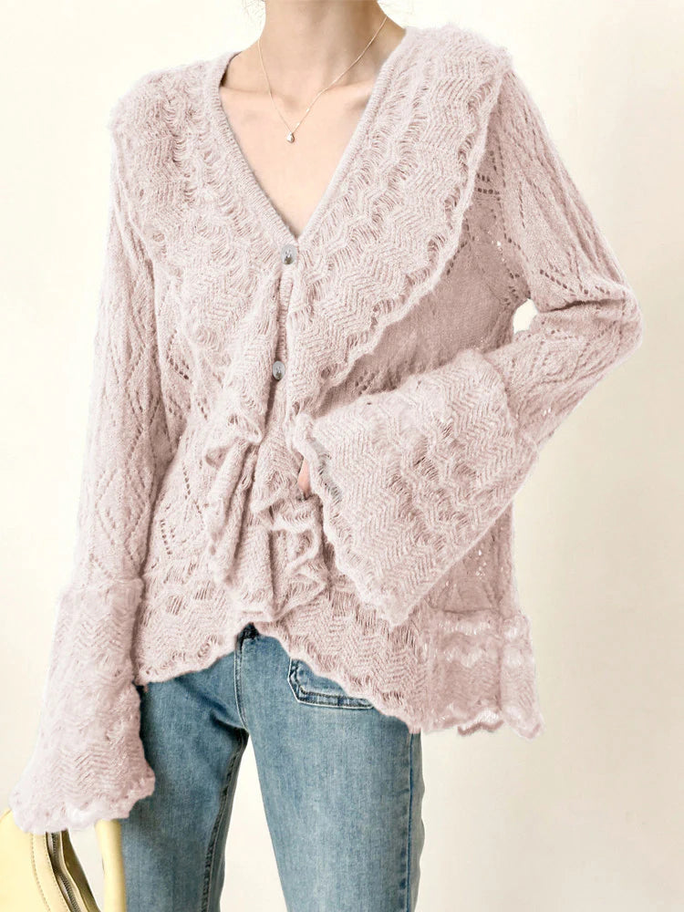 Vネックフリルデザインメッシュニット　2色入