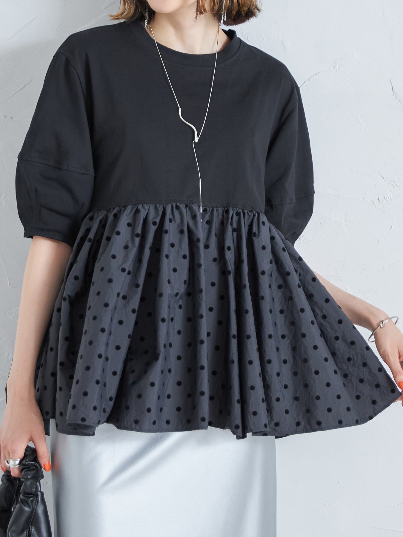 Lantern Sleeve Dot Peplum Cut and Sew