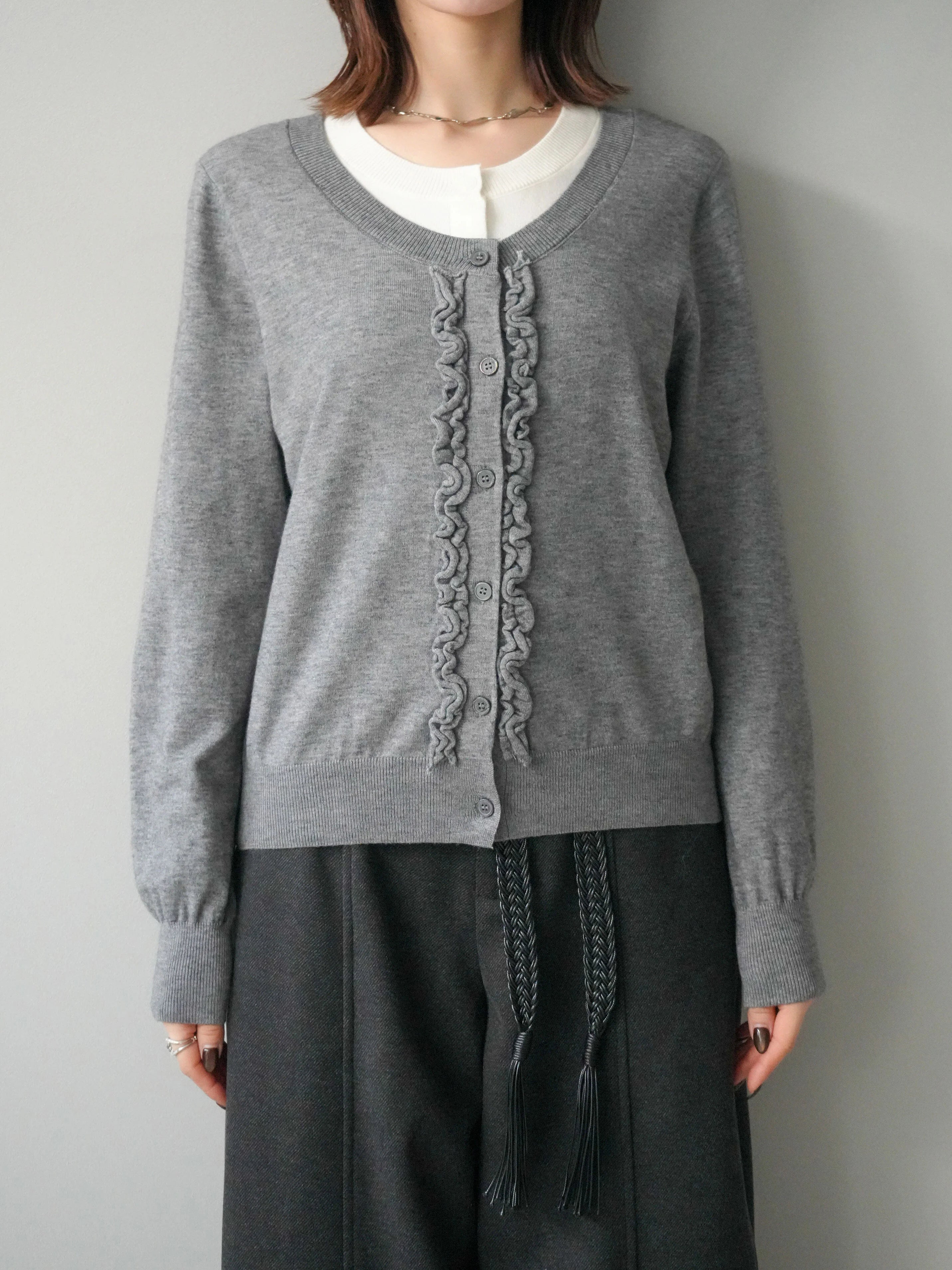 配色レイヤードフリルデザインニットカーディガン　2色入